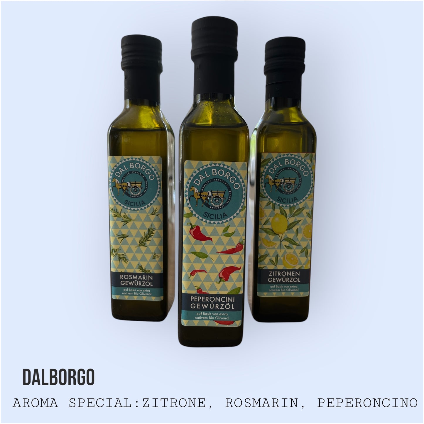 AROMA SPECIAL: Zitronen-, Rosmarin- & Peperoncini Gewürzöl in 250 ml Flaschen
