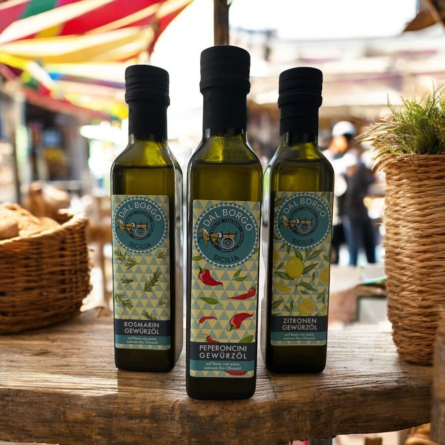 AROMA SPECIAL: Zitronen-, Rosmarin- & Peperoncini Gewürzöl in 250 ml Flaschen