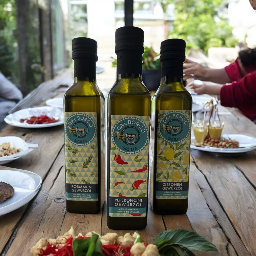 AROMA SPECIAL: Zitronen-, Rosmarin- & Peperoncini Gewürzöl in 250 ml Flaschen