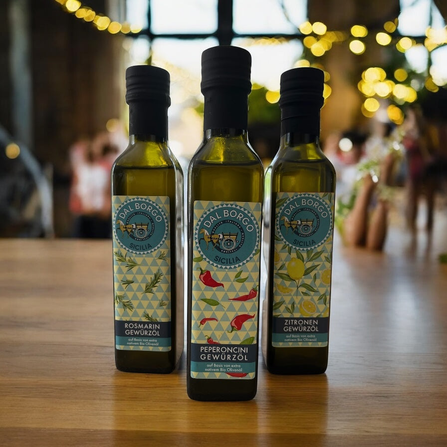 AROMA SPECIAL: Zitronen-, Rosmarin- & Peperoncini Gewürzöl in 250 ml Flaschen