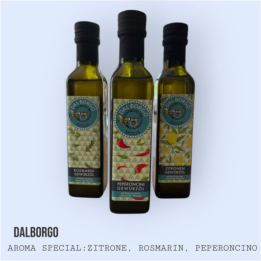 AROMA SPECIAL:  Zitronen-, Rosmarin- & Peperoncini Gewürzöl in 250 ml Flaschen